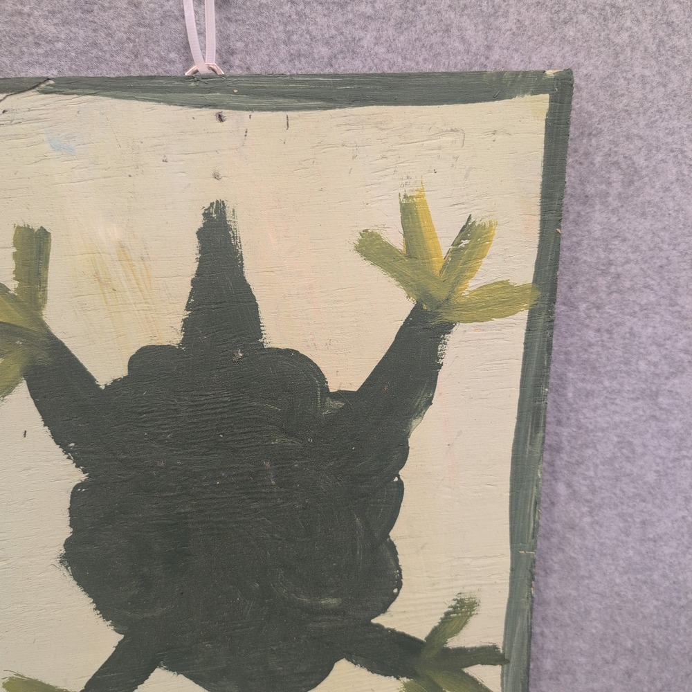 Mose T Signed Green Frog Painting Salvaged Wood 14" x 10.5" Moses Tolliver MoseT - Picture 2 of 6